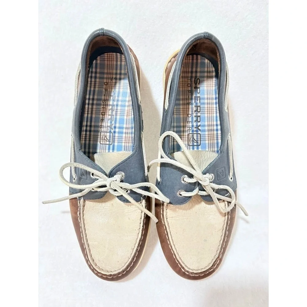 Sperry Top-Sider Authentic Original Boat Shoes Brown Blue Cream Leather Plaid